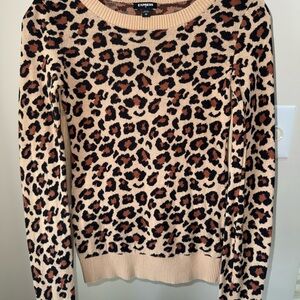 Express Leopard Print Crewneck Sweater in Cream, Brown & Black